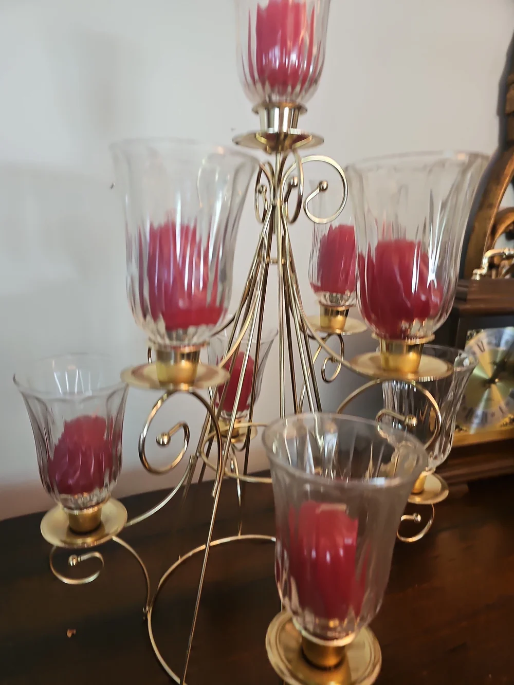 Home Interiors Gold Multi-Tier Candle Candelabra with Red Candles & Glass Shades